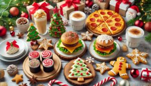 Christmas table with unique holiday foods like Christmas sushi rolls, gingerbread cheeseburgers, Christmas tree macarons, eggnog pancakes, and candy cane-shaped pizza, set in a festive atmosphere with Christmas decorations