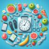 a digital illustration of a clock and various food items