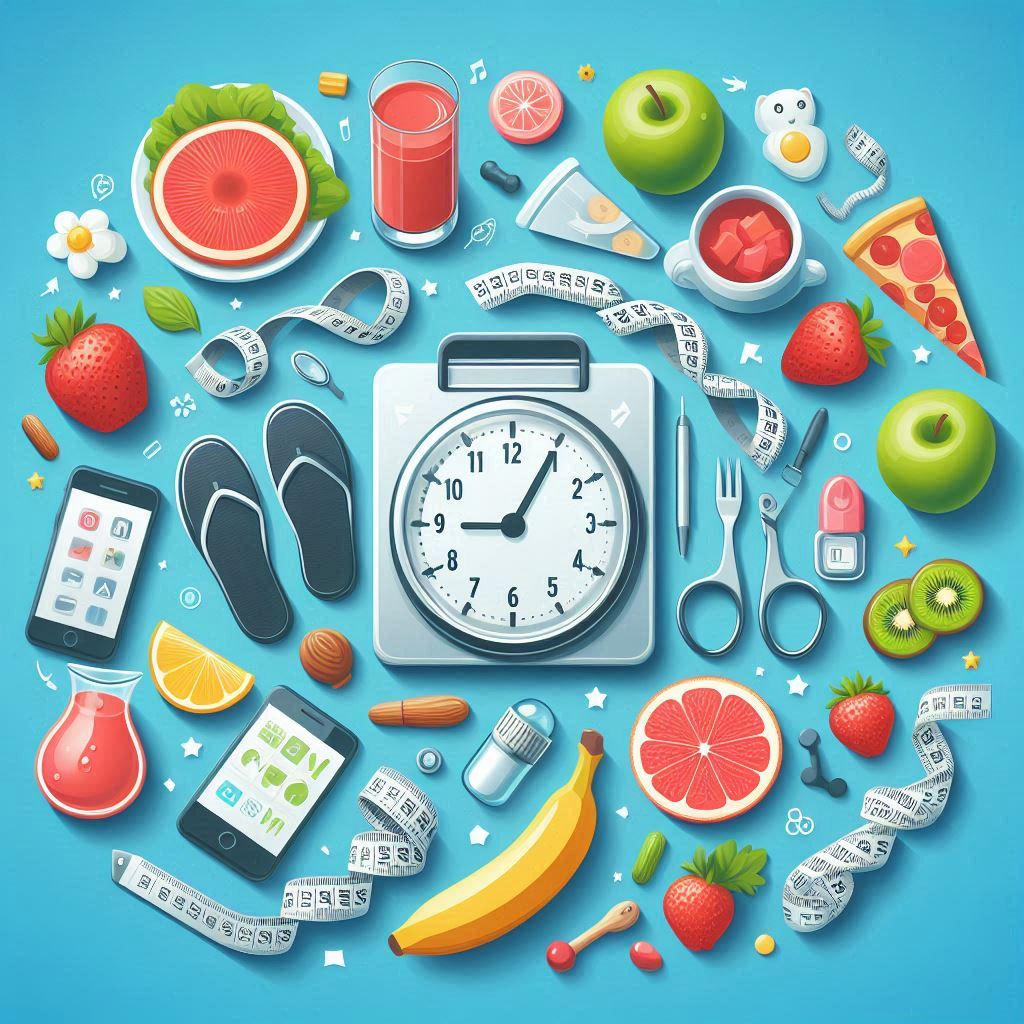 a digital illustration of a clock and various food items