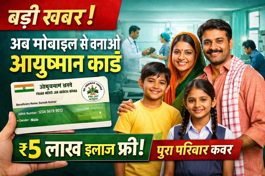 Big news! Now get an Ayushman Card from your mobile – free treatment for ₹5 lakh, with full family coverage.