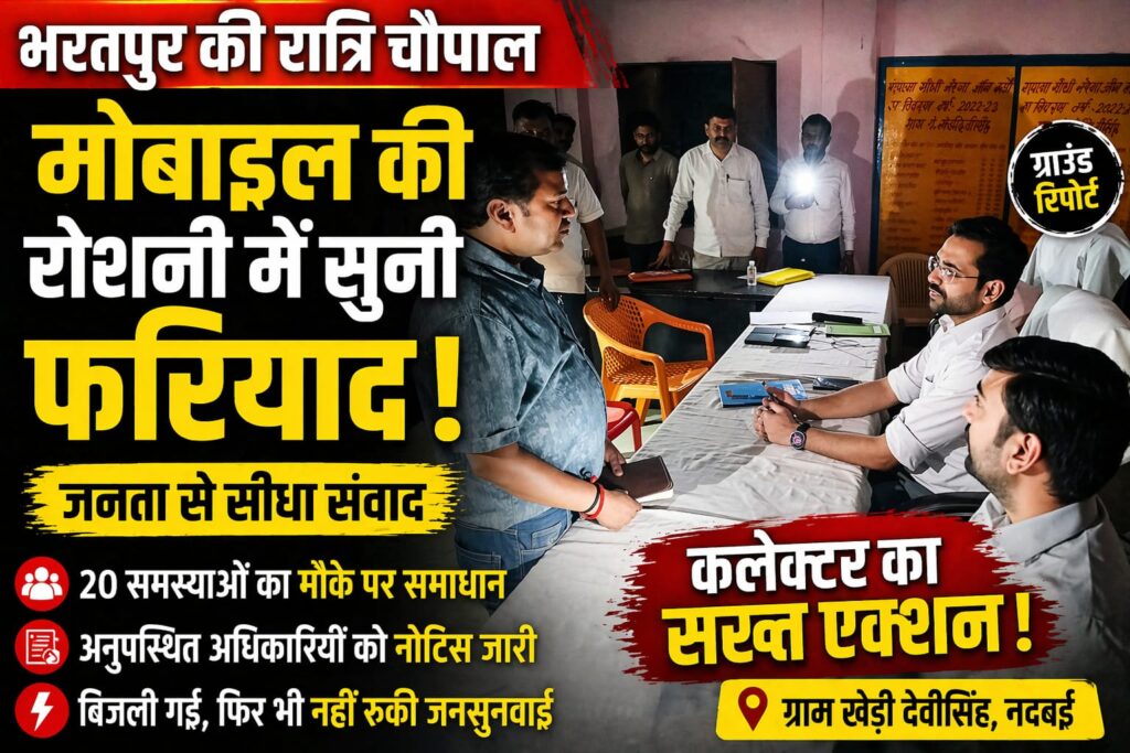 Bharatpur News: कलेक्टर कमर चौधरी की रात्रि चौपाल, मोबाइल की रोशनी में सुनी जनता की फरियाद, 20 मामलों का मौके पर समाधान